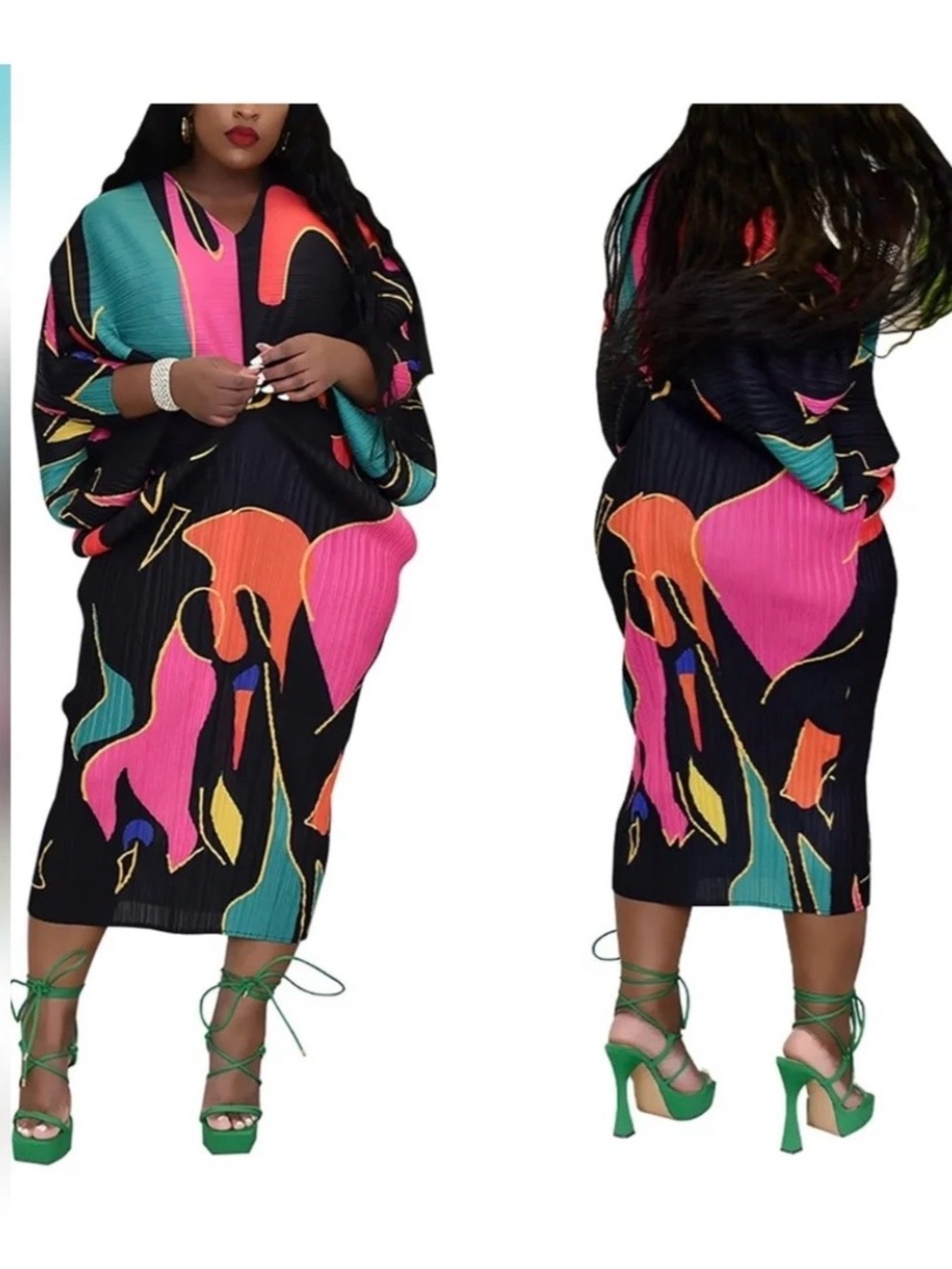 Women's Pleated Abstract Print Dress in Black, Pink & Green